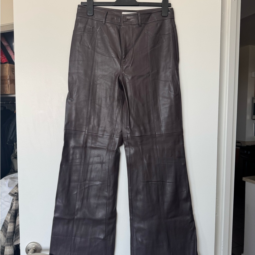 Mango high waisted PU trousers in dark brown